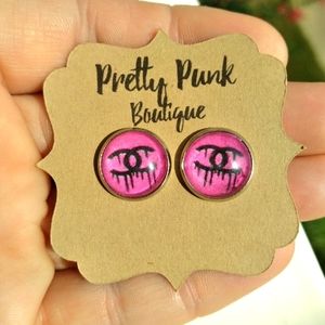 12mm Pink Art Stud Earrings, 100% Hypoallergenic Silver Stainless Steel Bezels